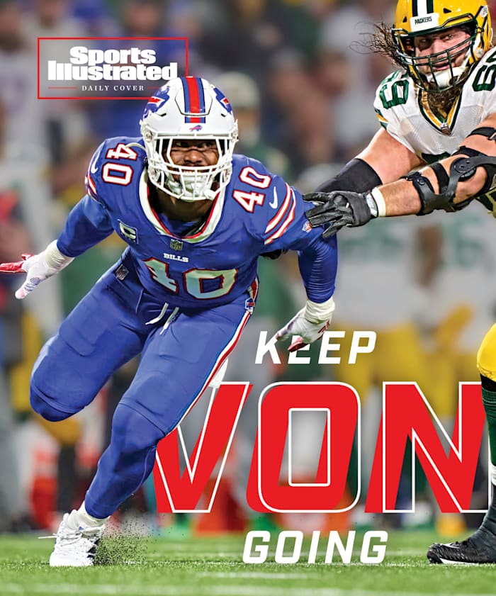 Von Miller comes around the edge against the Packers, with text that says KEEP VON GOING